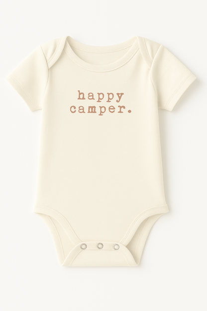baby boy girl clothes, onesie, onsie, organic cotton, made in usa, bodysuit, cream, minimalist, natural, clean, cute, happy camper camping onsie