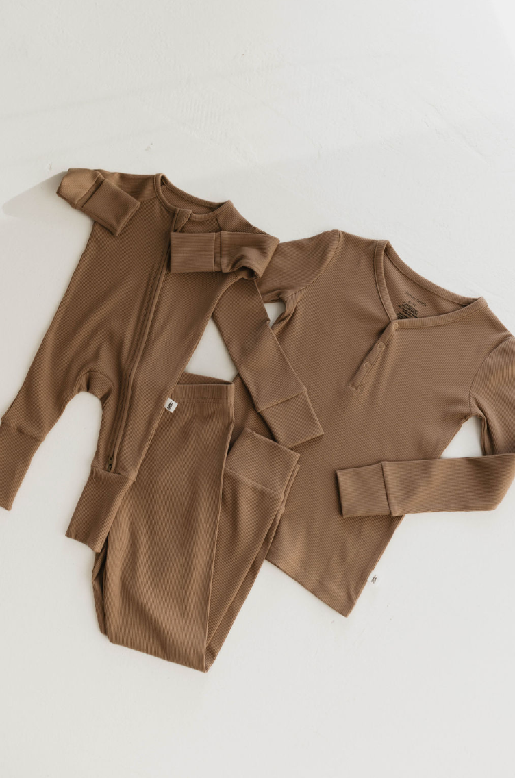 Two Piece Bamboo Pajamas | Ribbed Milk Chocolate