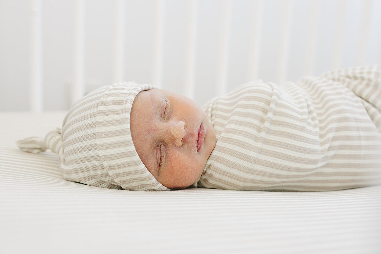 Taupe Stripe Ribbed Bamboo Newborn Knot Hat