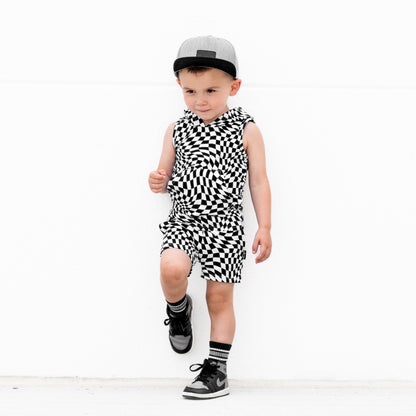 BAMBOO JOGGER SHORTS - Black Dizzy Check - Tenth &amp; Pine - jogger shorts - 0/6M