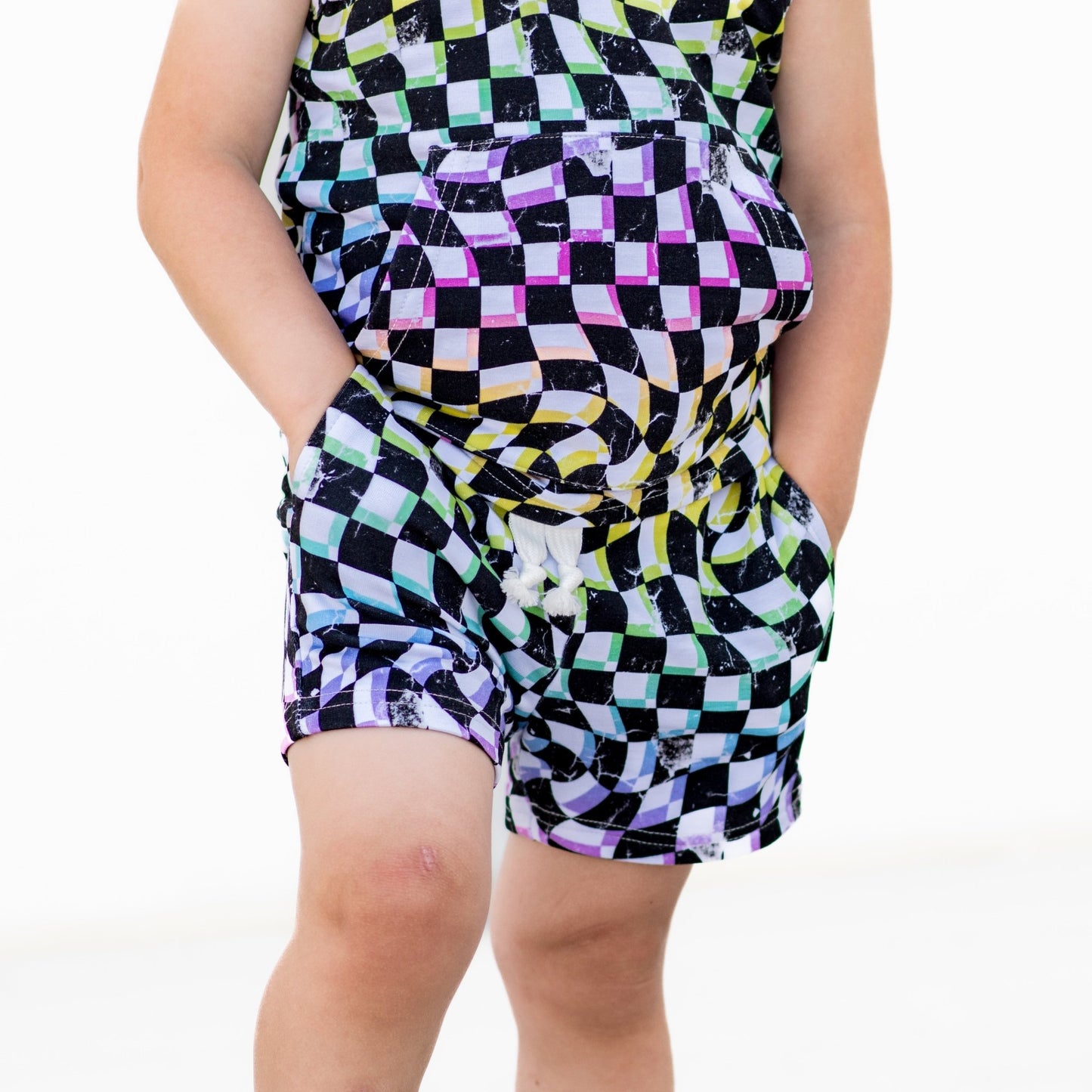 BAMBOO JOGGER SHORTS - Neon Dizzy Check - Tenth & Pine - jogger shorts - 0/6M