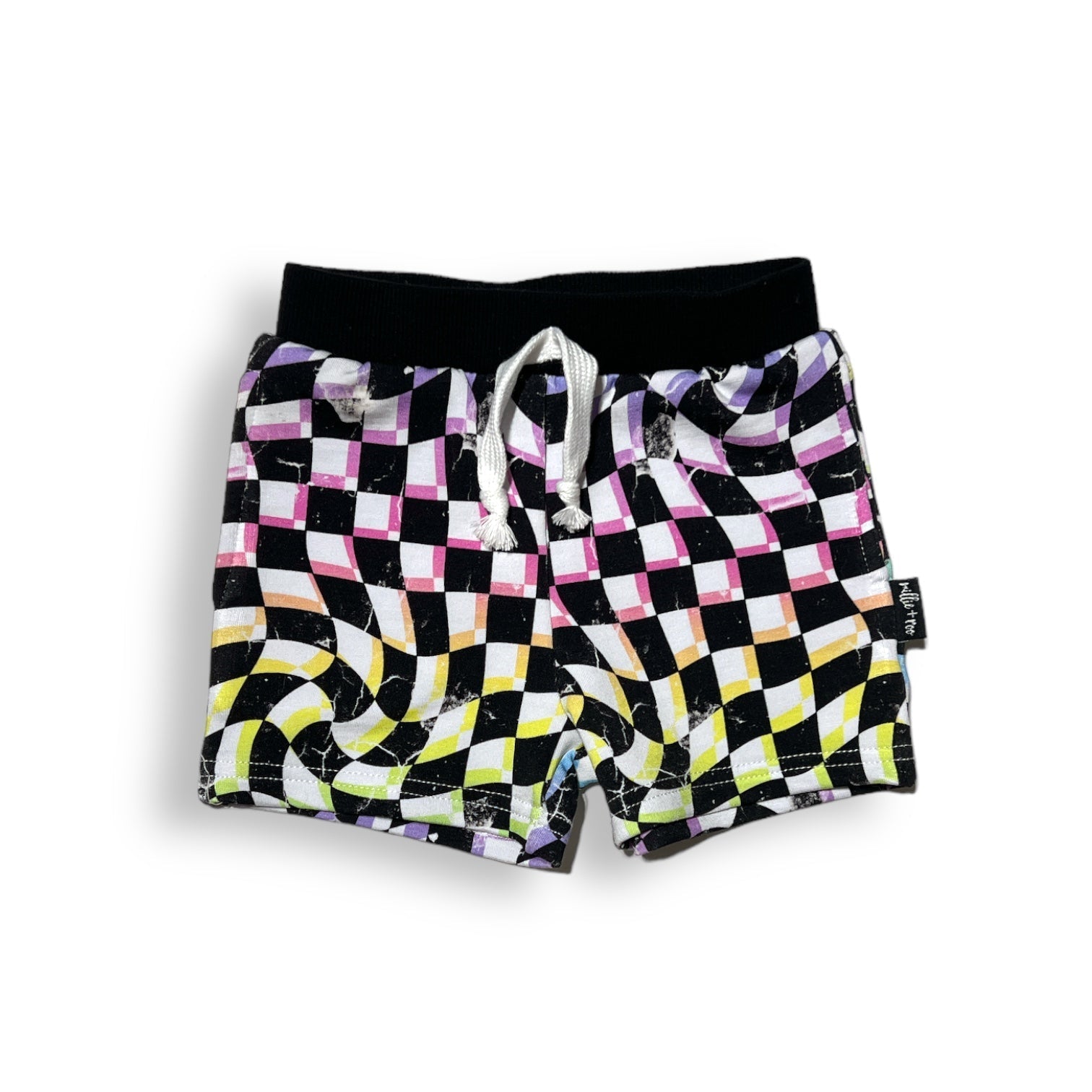 BAMBOO JOGGER SHORTS - Neon Dizzy Check - Tenth & Pine - jogger shorts - 0/6M