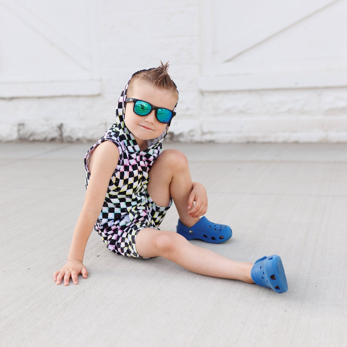 BAMBOO JOGGER SHORTS - Neon Dizzy Check - Tenth & Pine - jogger shorts - 0/6M