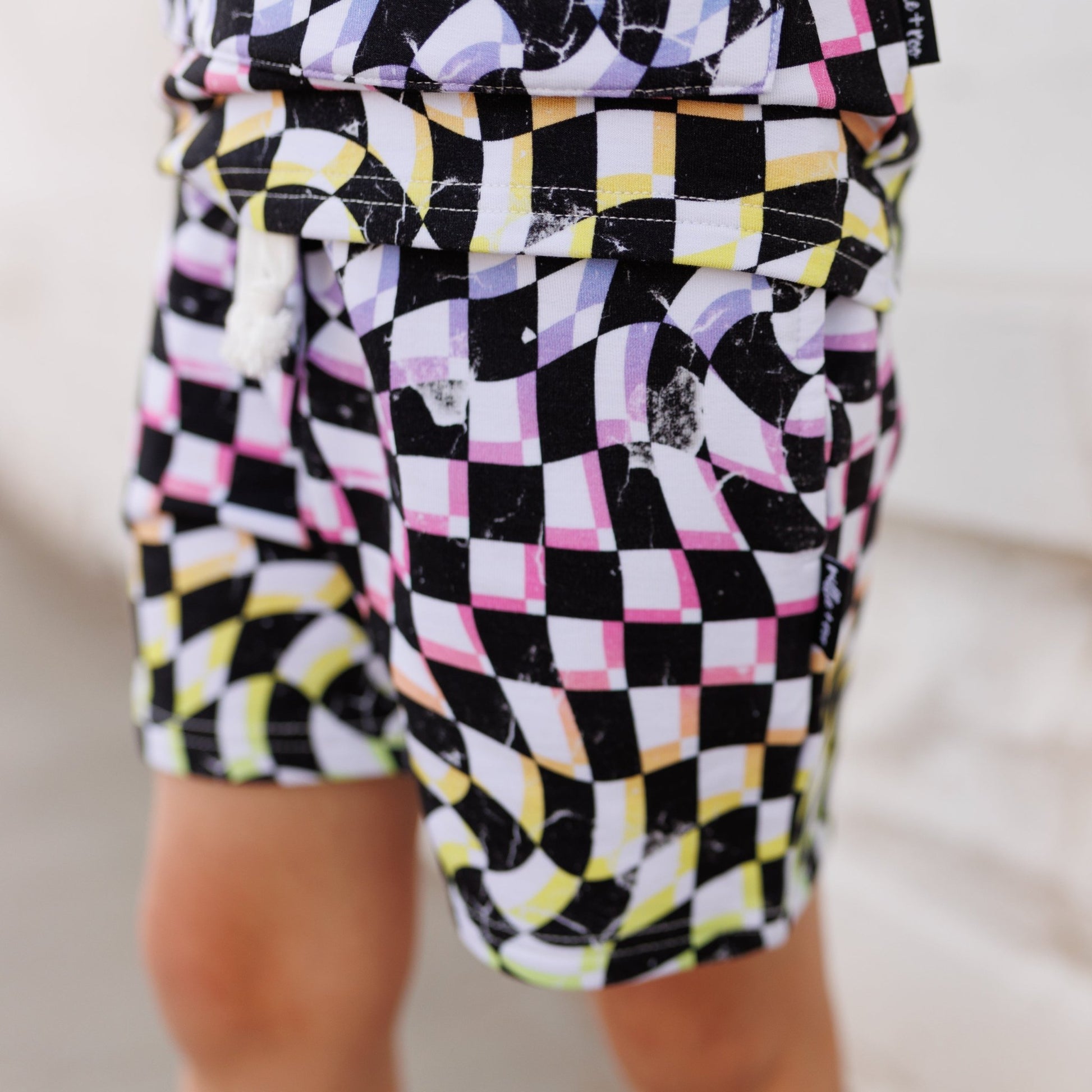 BAMBOO JOGGER SHORTS - Neon Dizzy Check - Tenth & Pine - jogger shorts - 0/6M