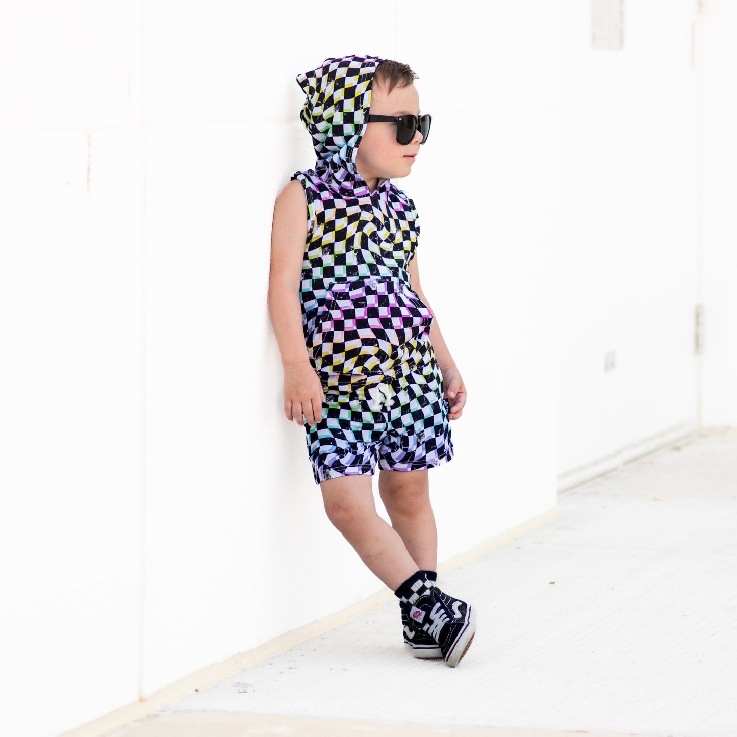 BAMBOO JOGGER SHORTS - Neon Dizzy Check - Tenth & Pine - jogger shorts - 0/6M