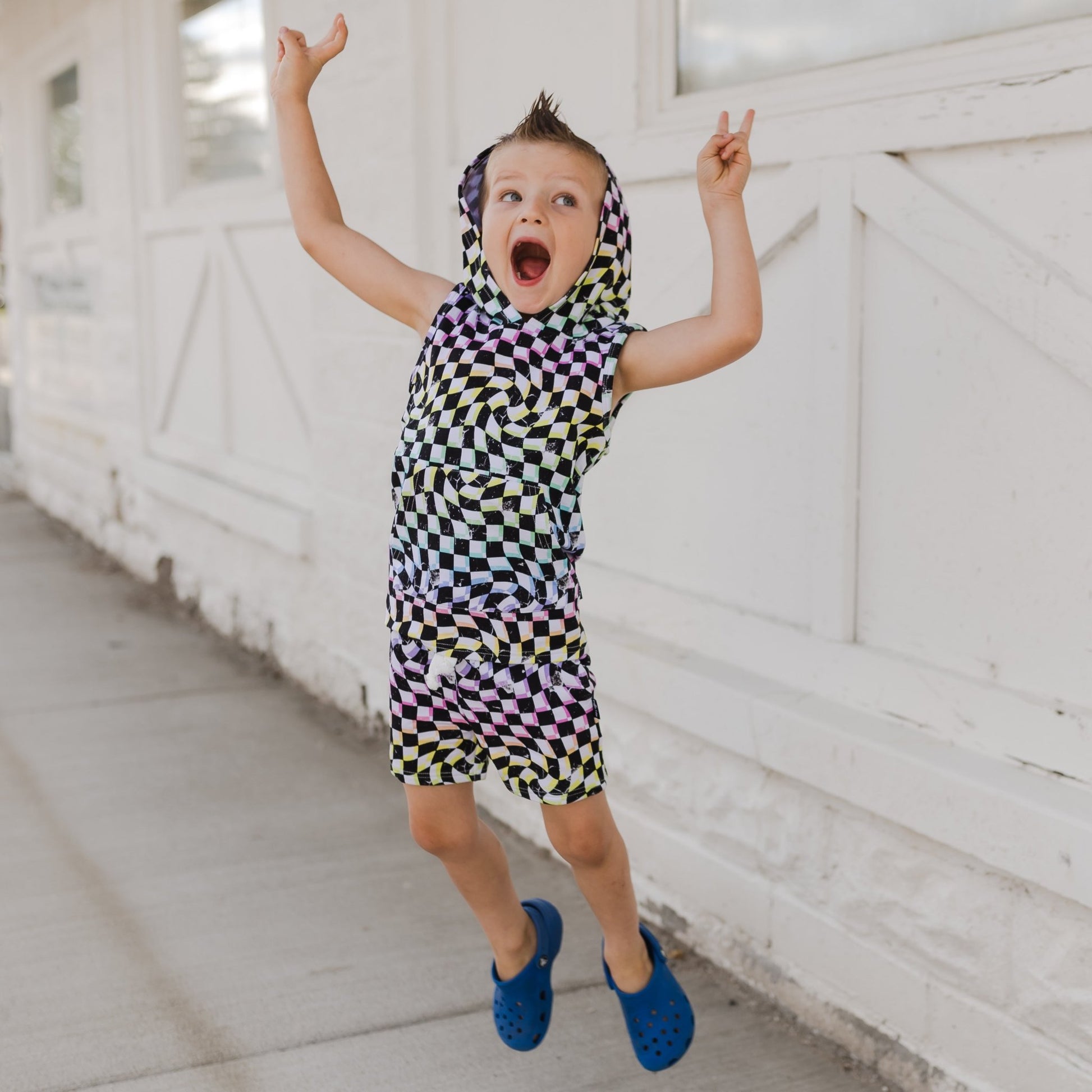 BAMBOO JOGGER SHORTS - Neon Dizzy Check - Tenth & Pine - jogger shorts - 0/6M