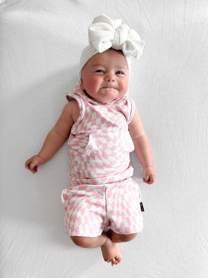 BAMBOO JOGGER SHORTS - Pink Dizzy Check - Tenth &amp; Pine - jogger shorts - 0/6M