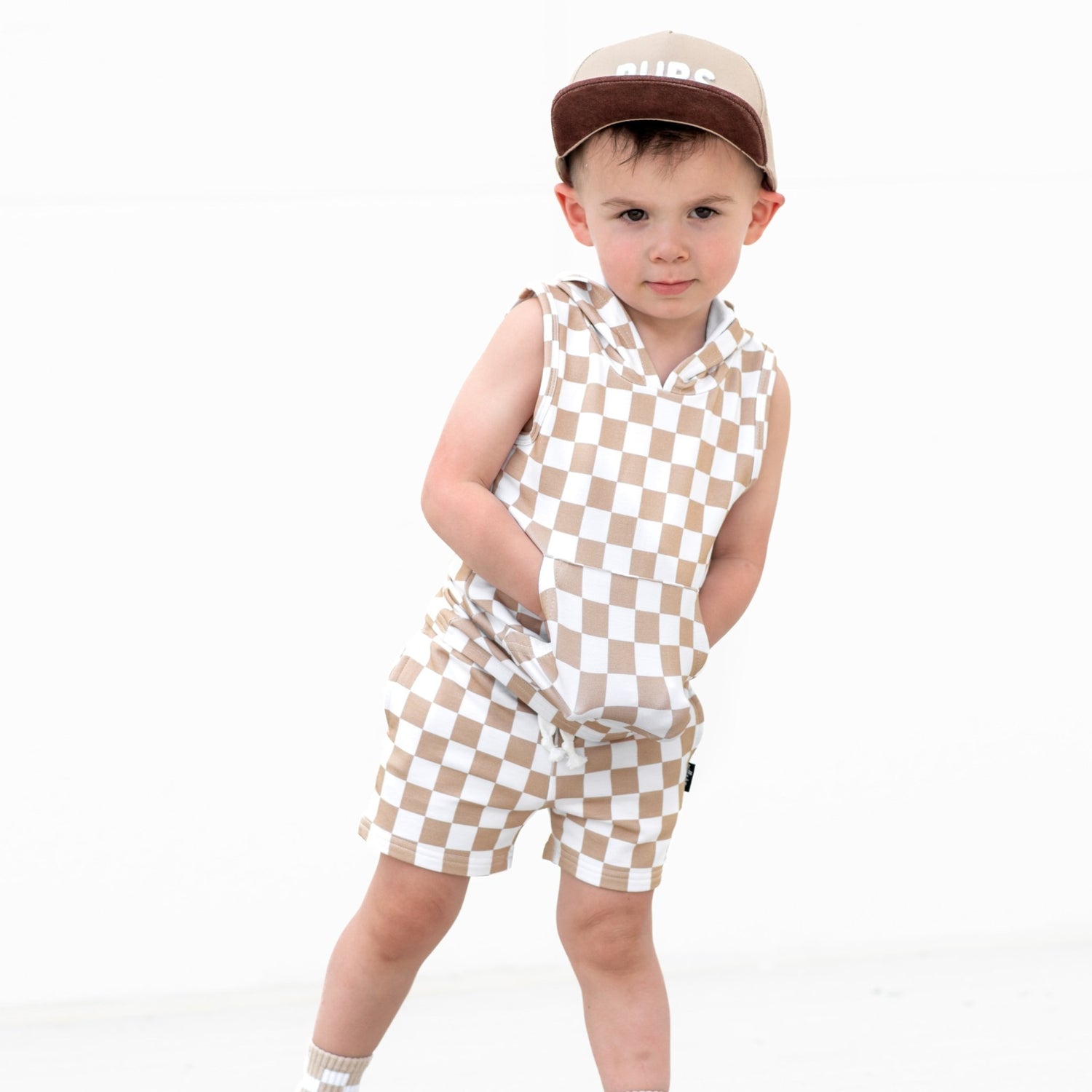 BAMBOO JOGGER SHORTS - Tan Check - Tenth &amp; Pine - jogger shorts - 0/6M