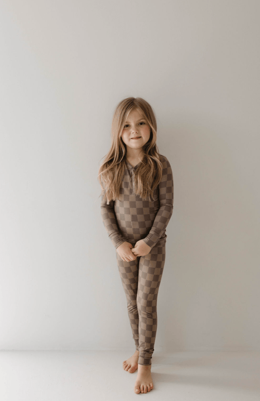 Bamboo Two Piece Pajama | Faded Brown Checkerboard - Tenth & Pine - pajamas - 2/3 Years