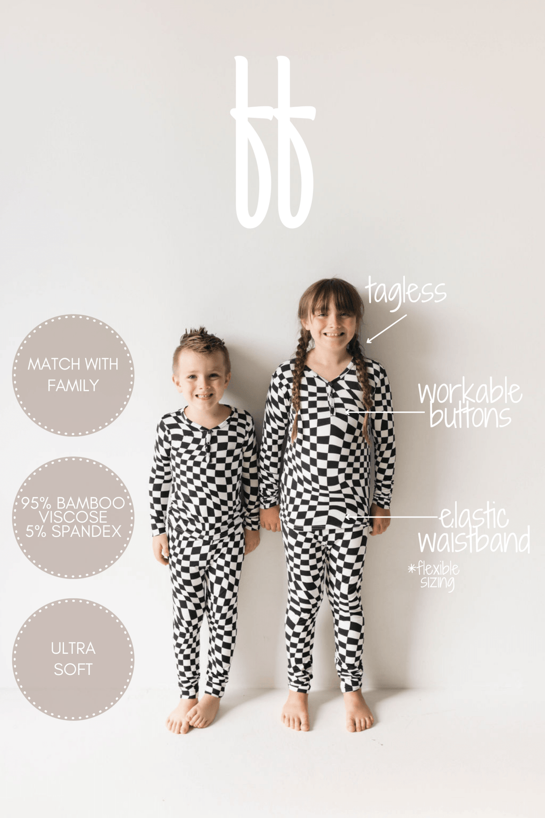 Bamboo Two Piece Pajamas | Black &amp; White Wavy Checkerboard - Tenth &amp; Pine - 2/3 Years