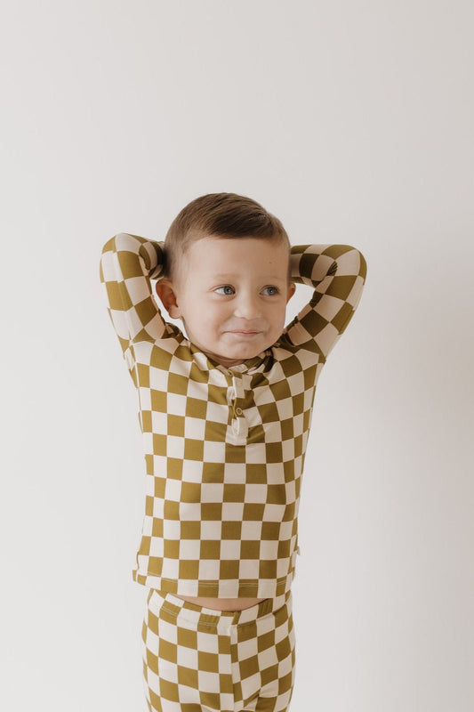 Bamboo Two Piece Pajamas | Olive Checkerboard - Tenth & Pine - Pajamas - 2/3 Years