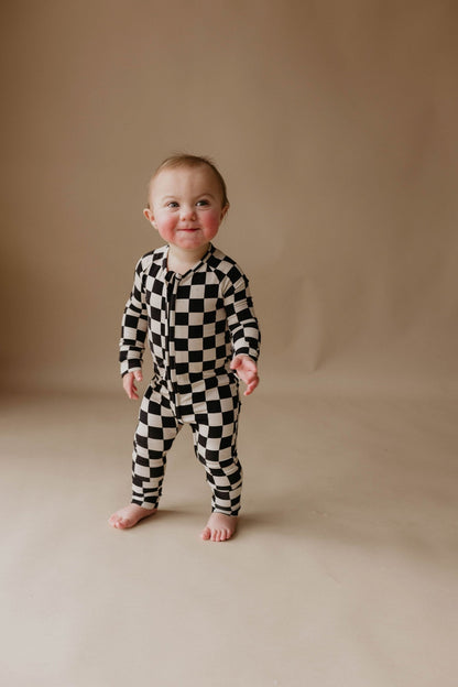 Bamboo Zip Pajamas | Black Checkerboard - Tenth &amp; Pine - pajamas - Newborn