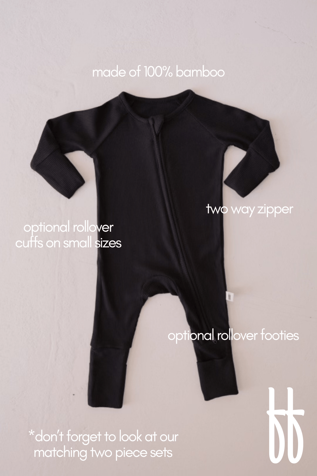 Bamboo Zip Pajamas | Black Ribbed - Tenth &amp; Pine - pajamas - Newborn