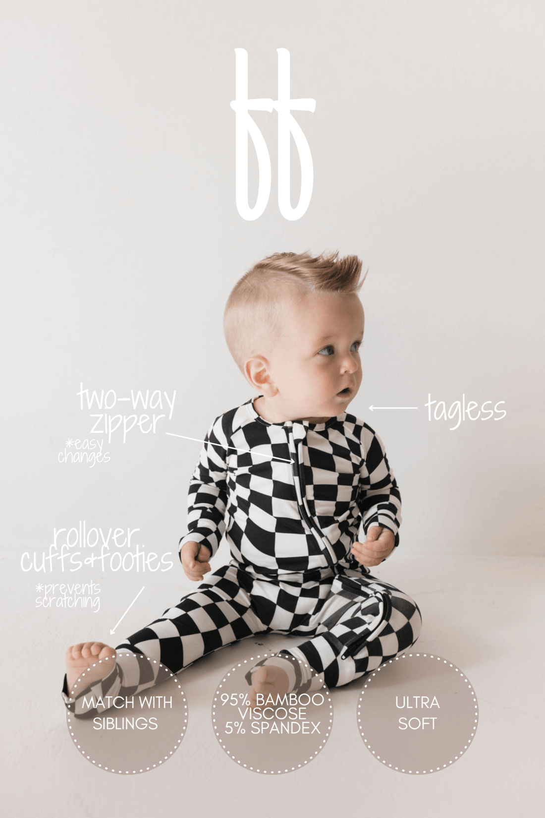 Bamboo Zip Pajamas | Black &amp; White Wavy Checkerboard - Tenth &amp; Pine - pajamas - Newborn