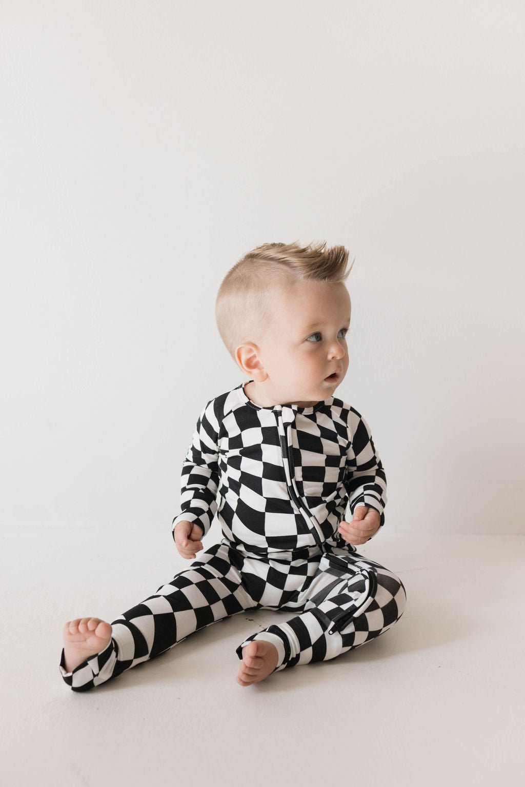 Bamboo Zip Pajamas | Black &amp; White Wavy Checkerboard - Tenth &amp; Pine - pajamas - Newborn