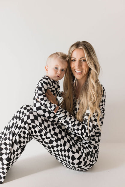 Bamboo Zip Pajamas | Black &amp; White Wavy Checkerboard - Tenth &amp; Pine - pajamas - Newborn