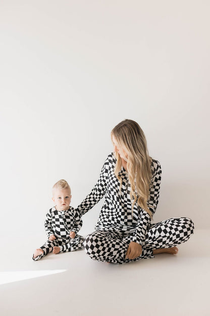 Bamboo Zip Pajamas | Black &amp; White Wavy Checkerboard - Tenth &amp; Pine - pajamas - Newborn