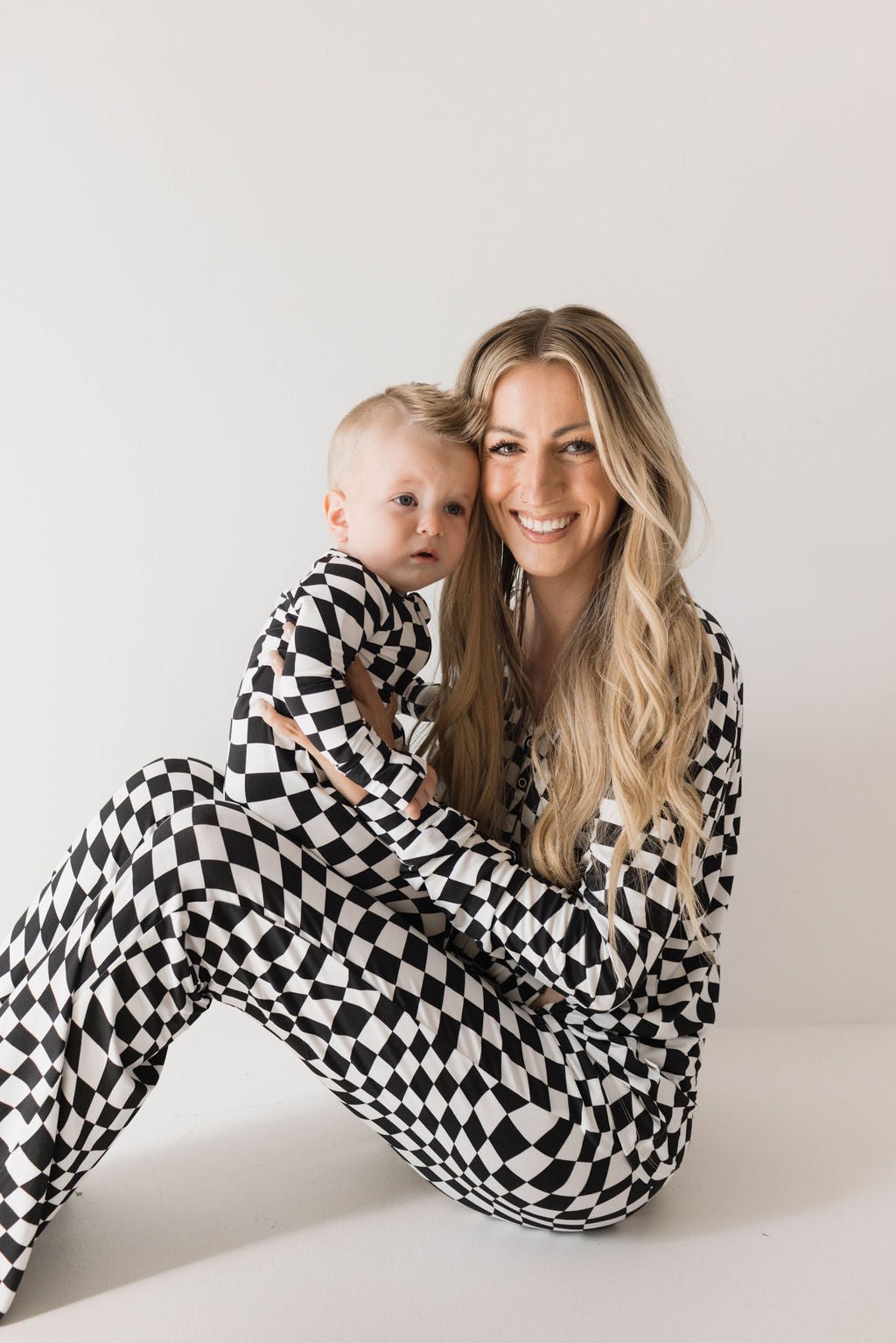 Bamboo Zip Pajamas | Black &amp; White Wavy Checkerboard - Tenth &amp; Pine - pajamas - Newborn