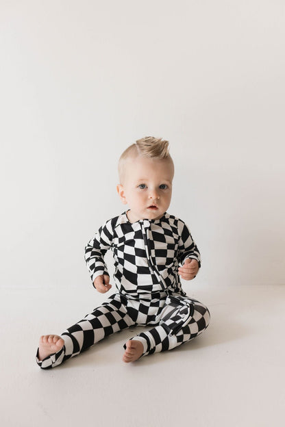 Bamboo Zip Pajamas | Black &amp; White Wavy Checkerboard - Tenth &amp; Pine - pajamas - Newborn