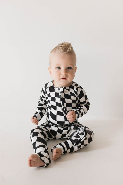 Bamboo Zip Pajamas | Black &amp; White Wavy Checkerboard - Tenth &amp; Pine - pajamas - Newborn