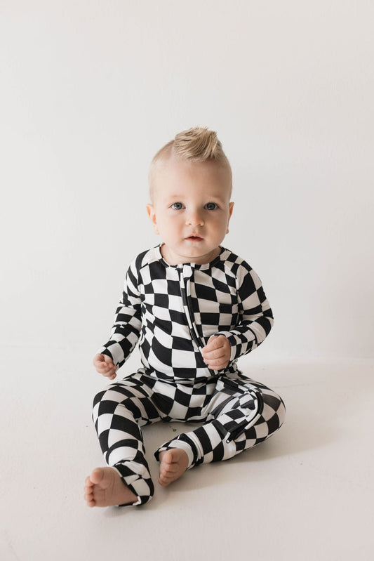 Bamboo Zip Pajamas | Black & White Wavy Checkerboard - Tenth & Pine - pajamas - Newborn