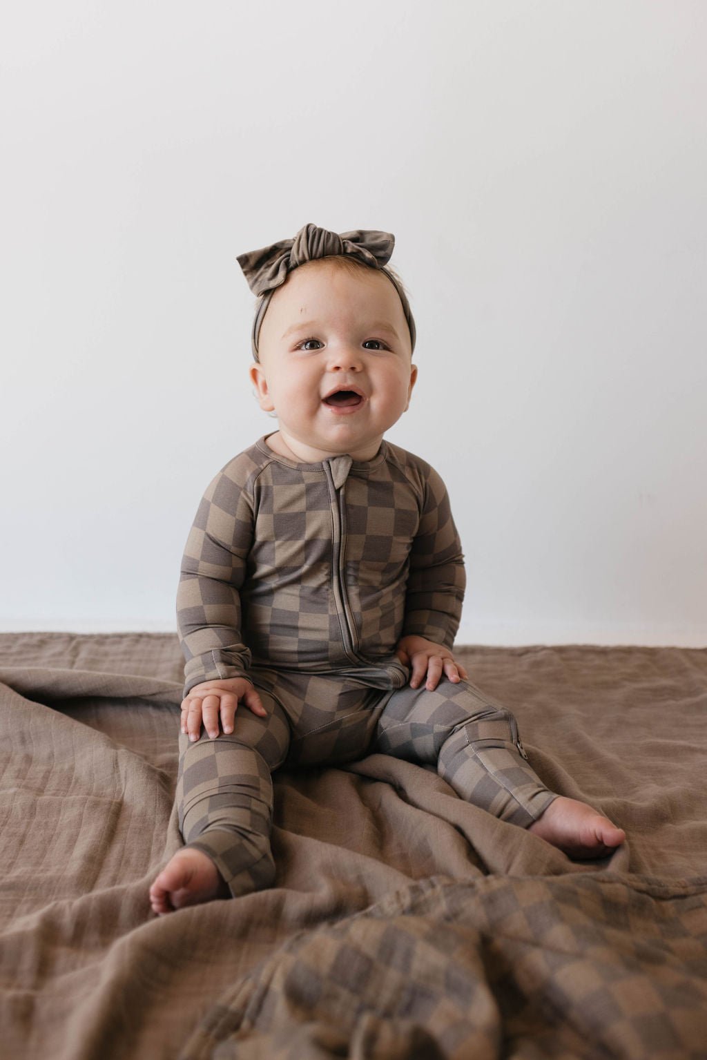 Bamboo Zip Pajamas | Faded Brown Checkerboard - Tenth &amp; Pine - Newborn