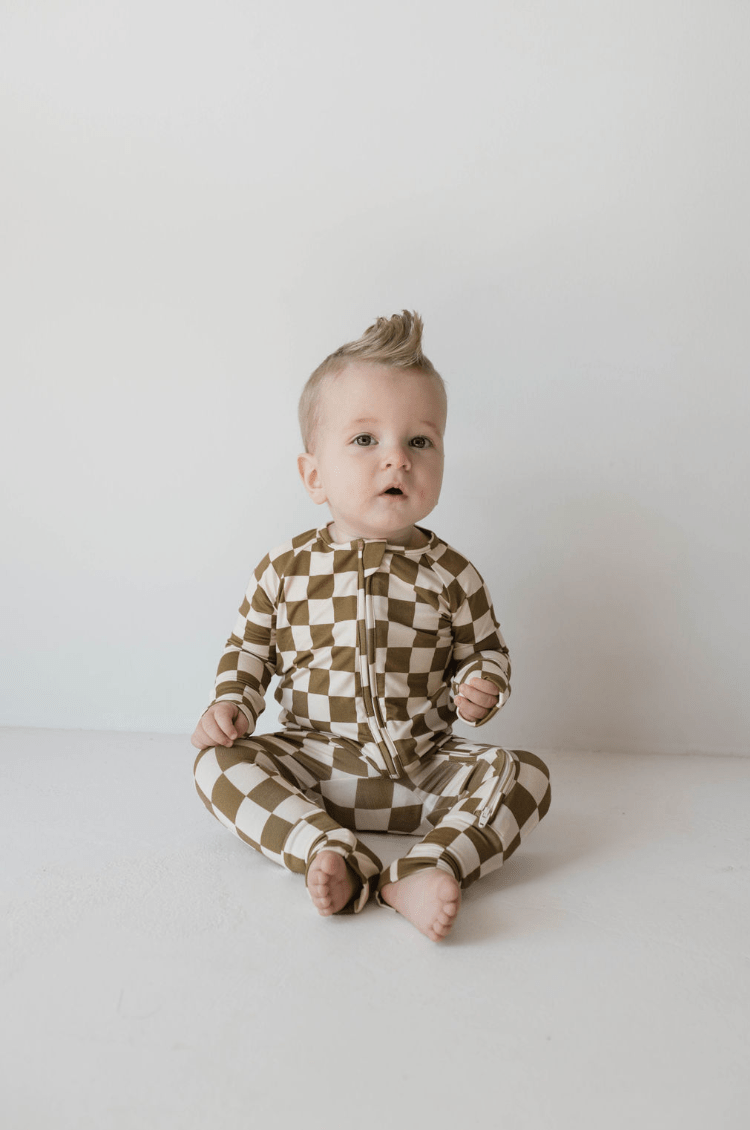 Bamboo Zip Pajamas | Olive Checkerboard - Tenth &amp; Pine - Newborn