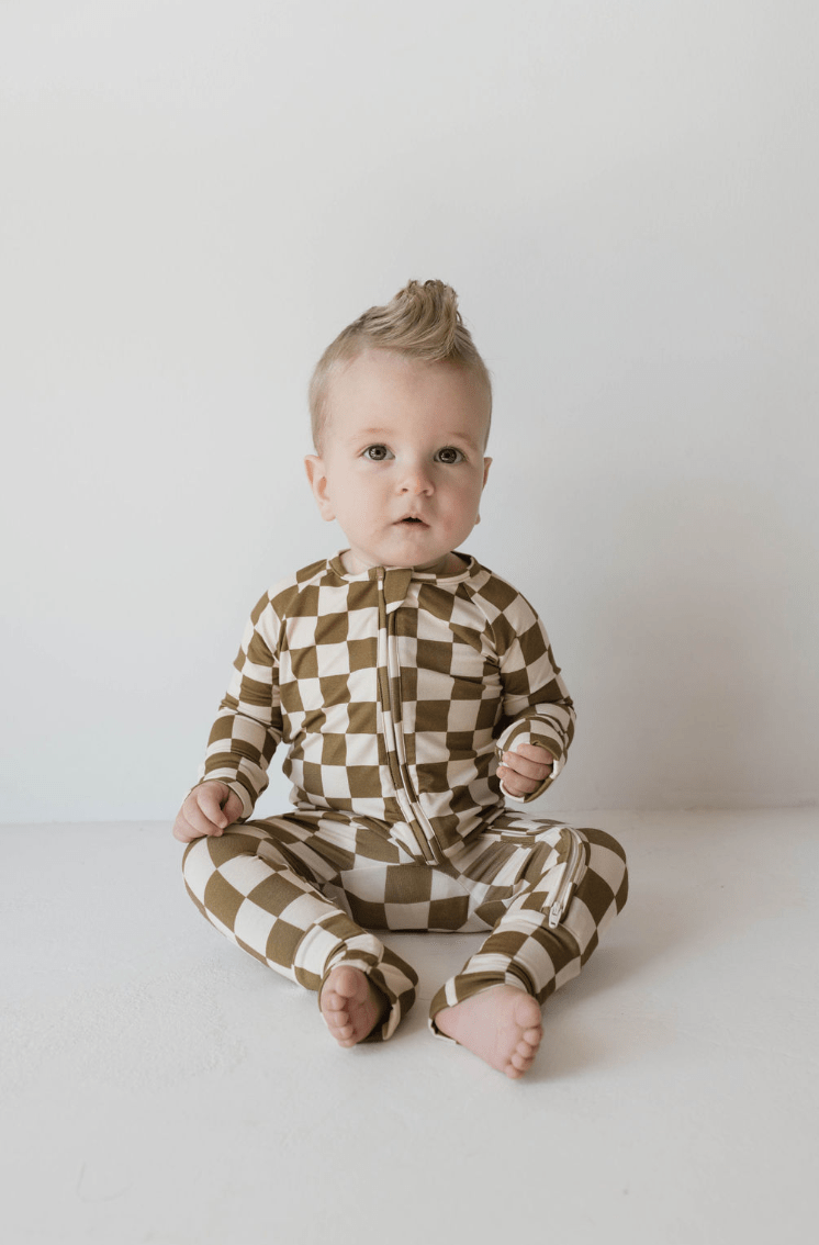 Bamboo Zip Pajamas | Olive Checkerboard - Tenth &amp; Pine - Newborn