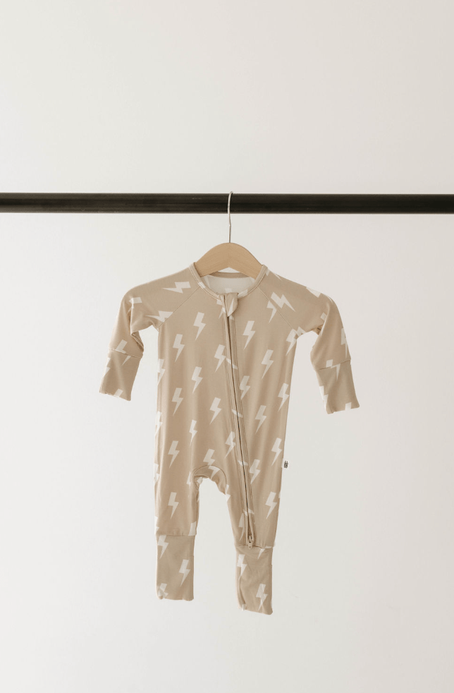 Bamboo Zip Pajamas | Tan & Cream Lightning Bolt - Tenth & Pine - pajamas - Newborn