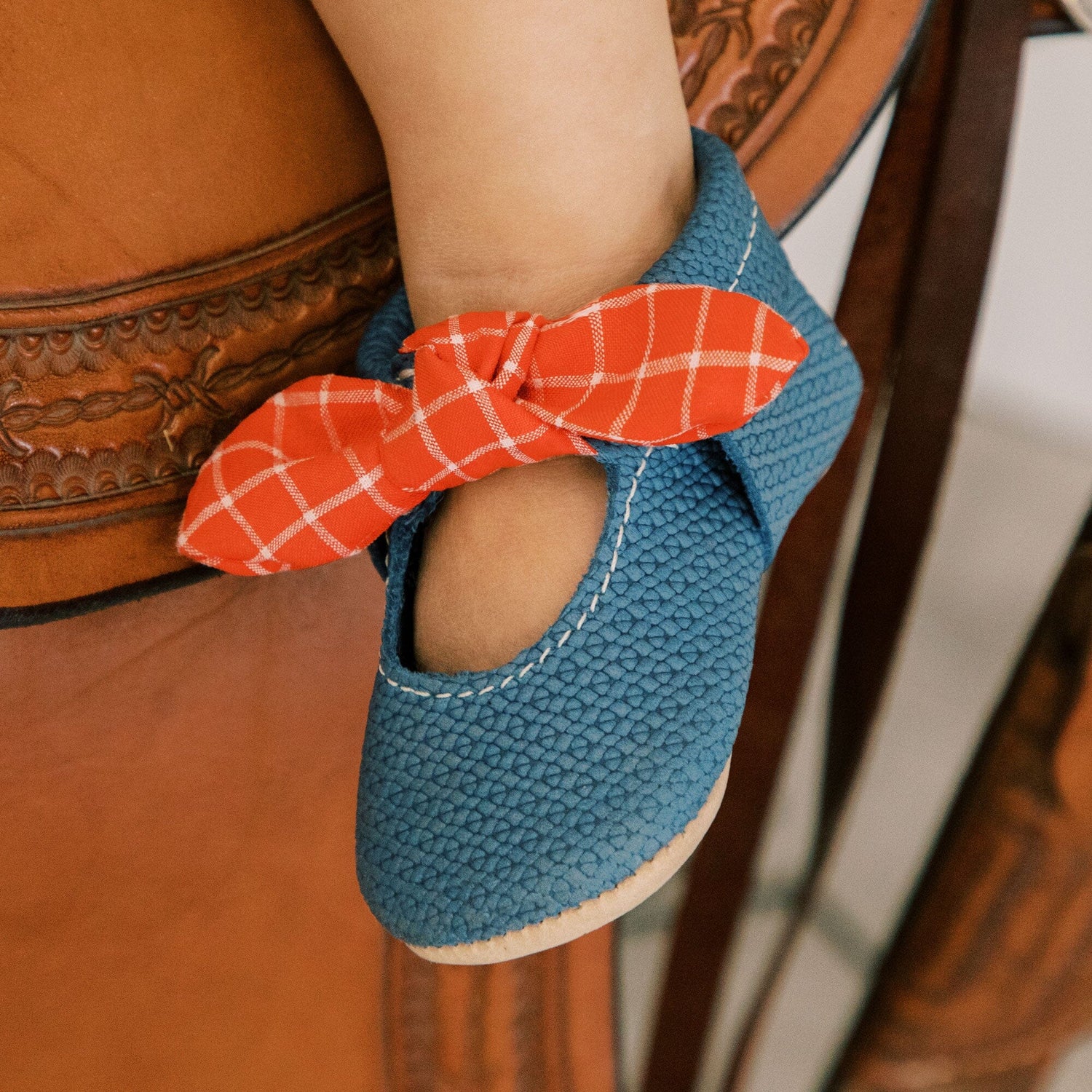 Blue Jean Knotted Bow Baby Shoe - Tenth &amp; Pine - Knotted Bow Mocc - Soft Sole - 1