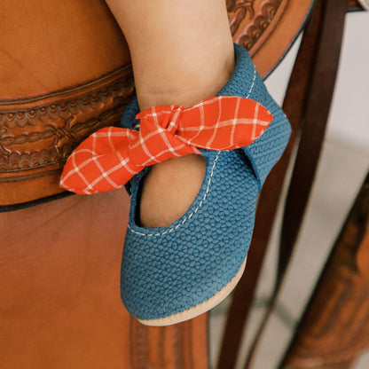 Blue Jean Knotted Bow Baby Shoe - Tenth &amp; Pine - Knotted Bow Mocc - Soft Sole - 1