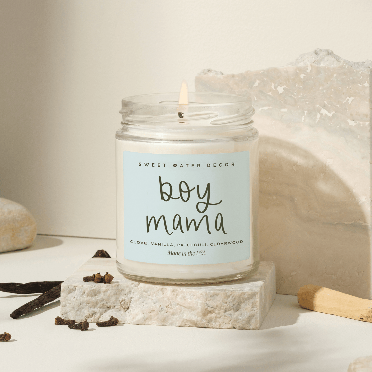 Boy Mama Soy Candle - Clear Jar - 9 oz (Palo Santo Patchouli) - Tenth & Pine - Candles - 