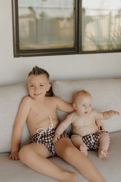 Child Boardshort | Chocolate Gingham - Tenth & Pine - Swim Shorts - 0 - 6 Months - forever french baby