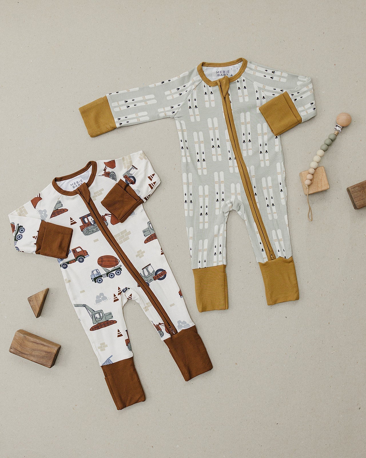 Construction Trucks Ribbed Bamboo Zipper - Tenth &amp; Pine - zip rompers - NB - Mebie Baby