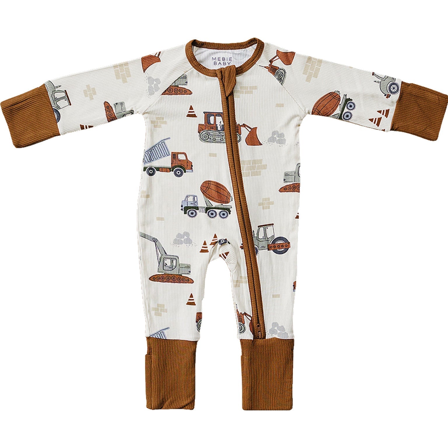 Construction Trucks Ribbed Bamboo Zipper - Tenth &amp; Pine - zip rompers - NB - Mebie Baby
