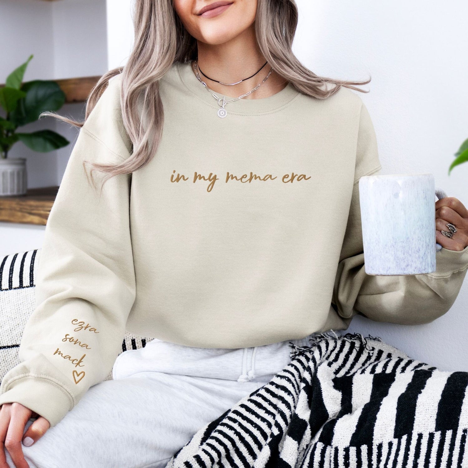 Custom Embroidered In My Mema Era Sweatshirt with Grandkids Names on Sleeve, Personalized Gift Grandma Sweater New Grandma, Mothers Day - Tenth &amp; Pine - 