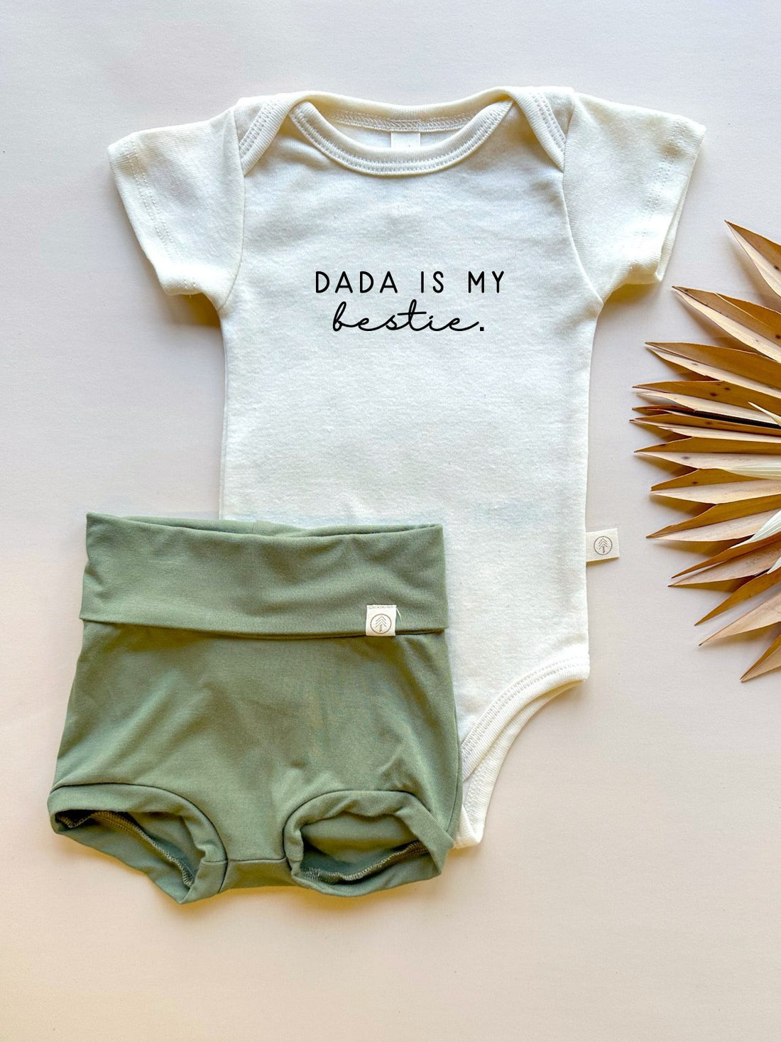 Dada Bestie | Bamboo Fold Over Bloomers and Organic Cotton Bodysuit Set | Eucalyptus - Tenth &amp; Pine - Bloomers + Bodysuit Set