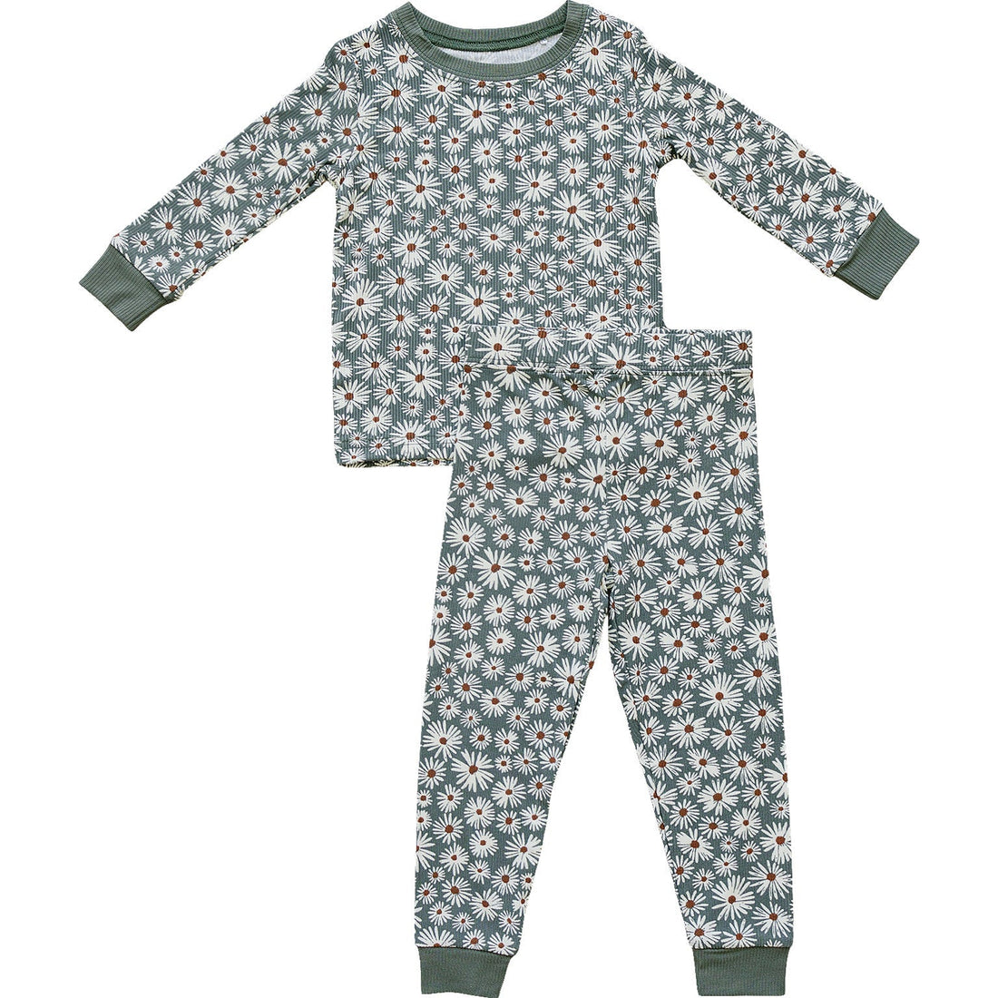 Dark Green Daisy Ribbed Bamboo Cozy Set - Tenth & Pine - Bamboo 2 Piece PJ - 6 - 12 - Mebie Baby