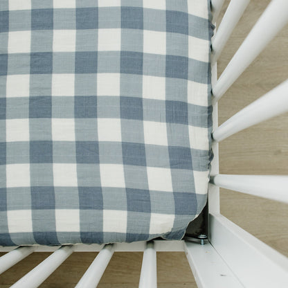 Dusty Blue Gingham Muslin Crib Sheet - Tenth &amp; Pine - 