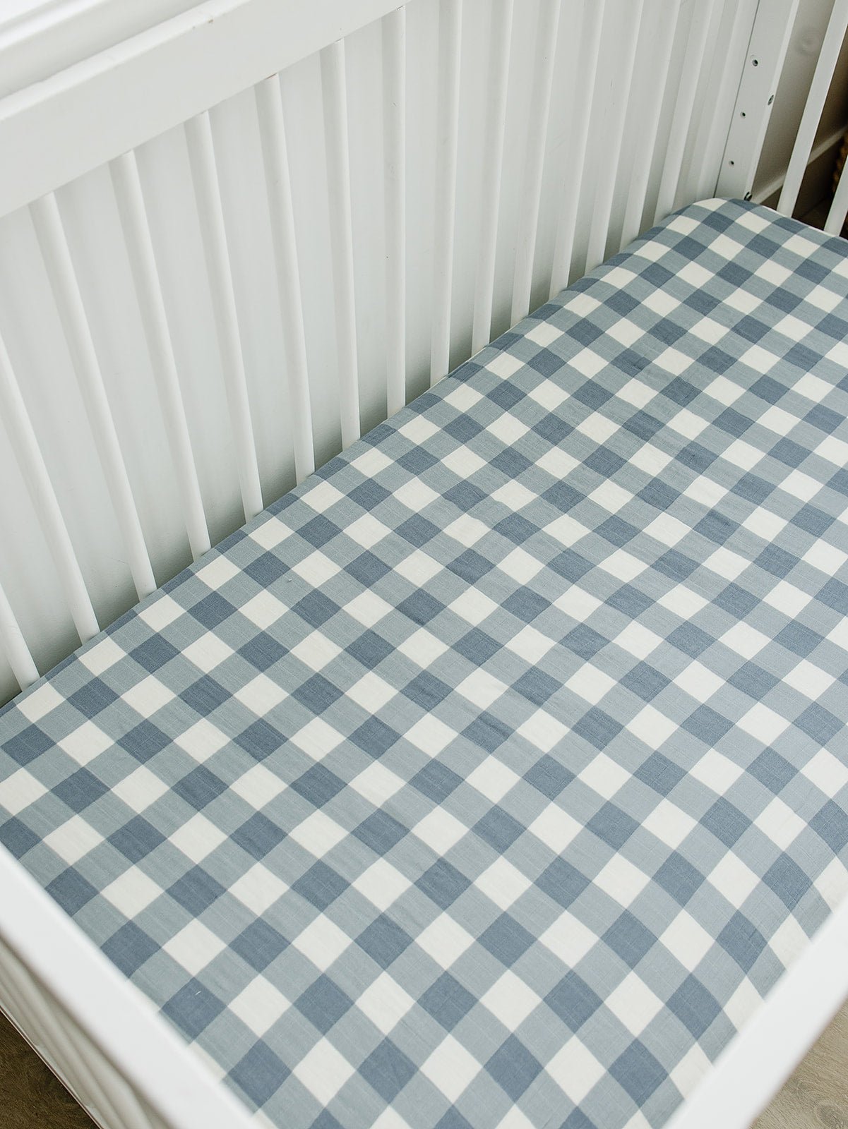 Dusty Blue Gingham Muslin Crib Sheet - Tenth &amp; Pine - 