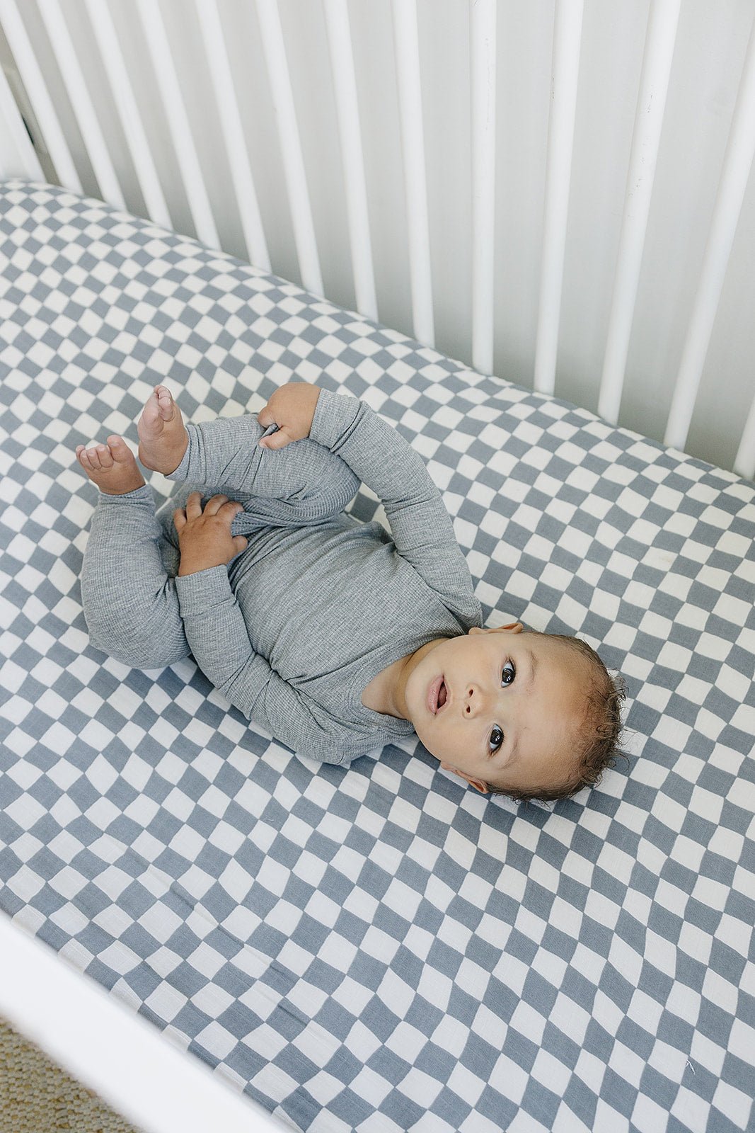 Dusty Blue Wavy Checkered Muslin Crib Sheet - Tenth &amp; Pine - 