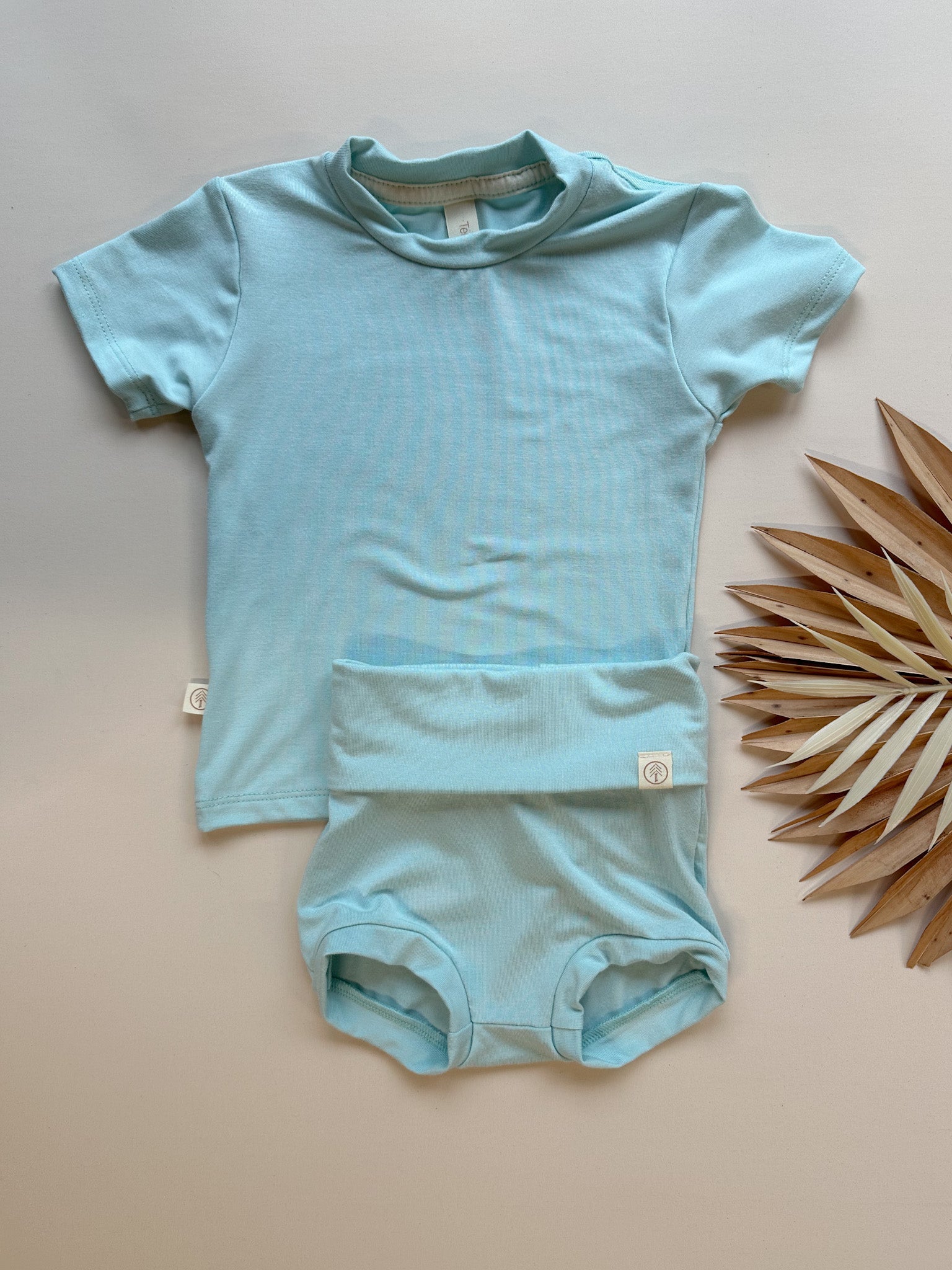 Fold Over Bloomers and Short Sleeve Tee Set | Caribbean Blue | Luxury Bamboo - Tenth &amp; Pine - BAMBOO OUTFIT