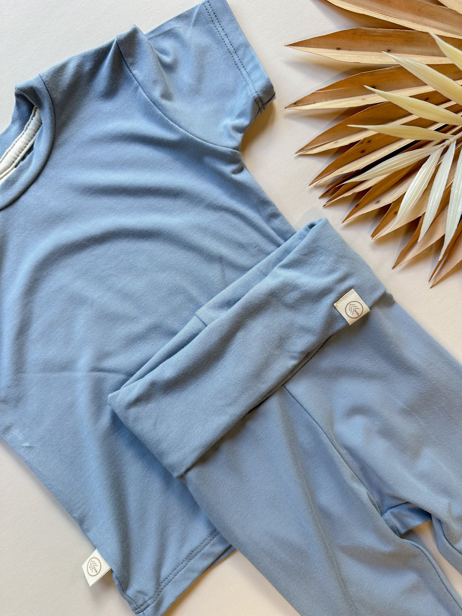 Fold Over Leggings and Short Sleeve Tee Set | Dusty Blue | Luxury Bamboo - Tenth &amp; Pine - Leggings + Tee Set