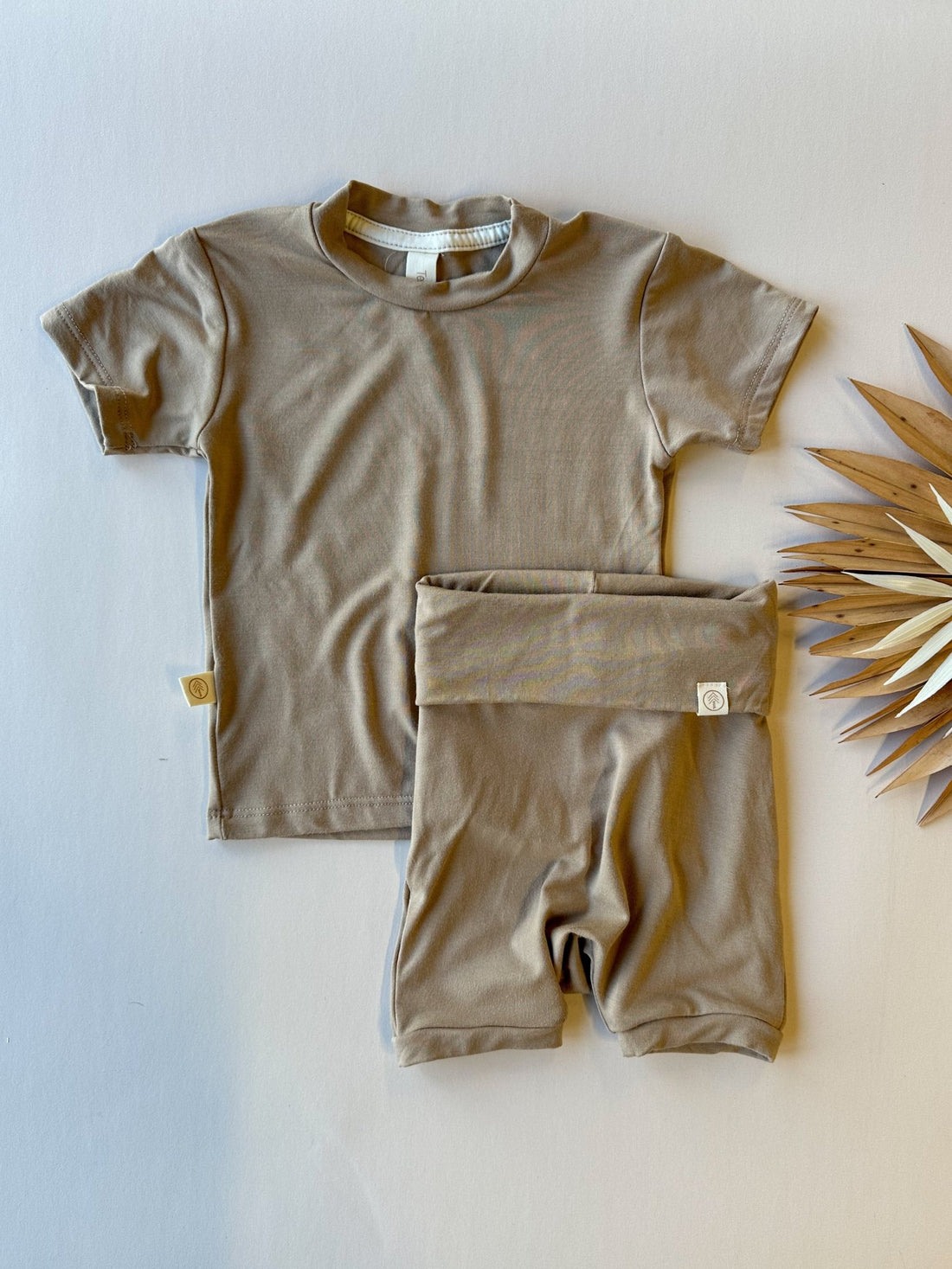 Fold Over Shorties and Short Sleeve Tee Set | Almond | Luxury Bamboo - Tenth &amp; Pine - BAMBOO OUTFIT