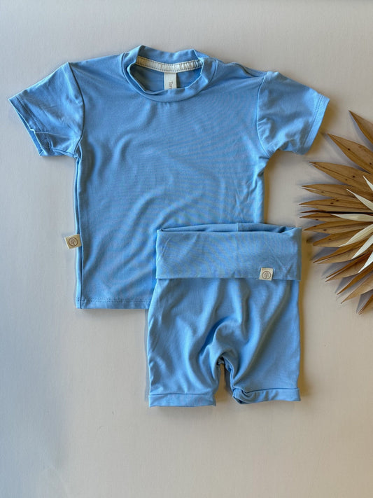 Fold Over Shorties and Short Sleeve Tee Set | Ocean | Luxury Bamboo - Tenth & Pine - BAMBOO OUTFIT - 0 - 3M