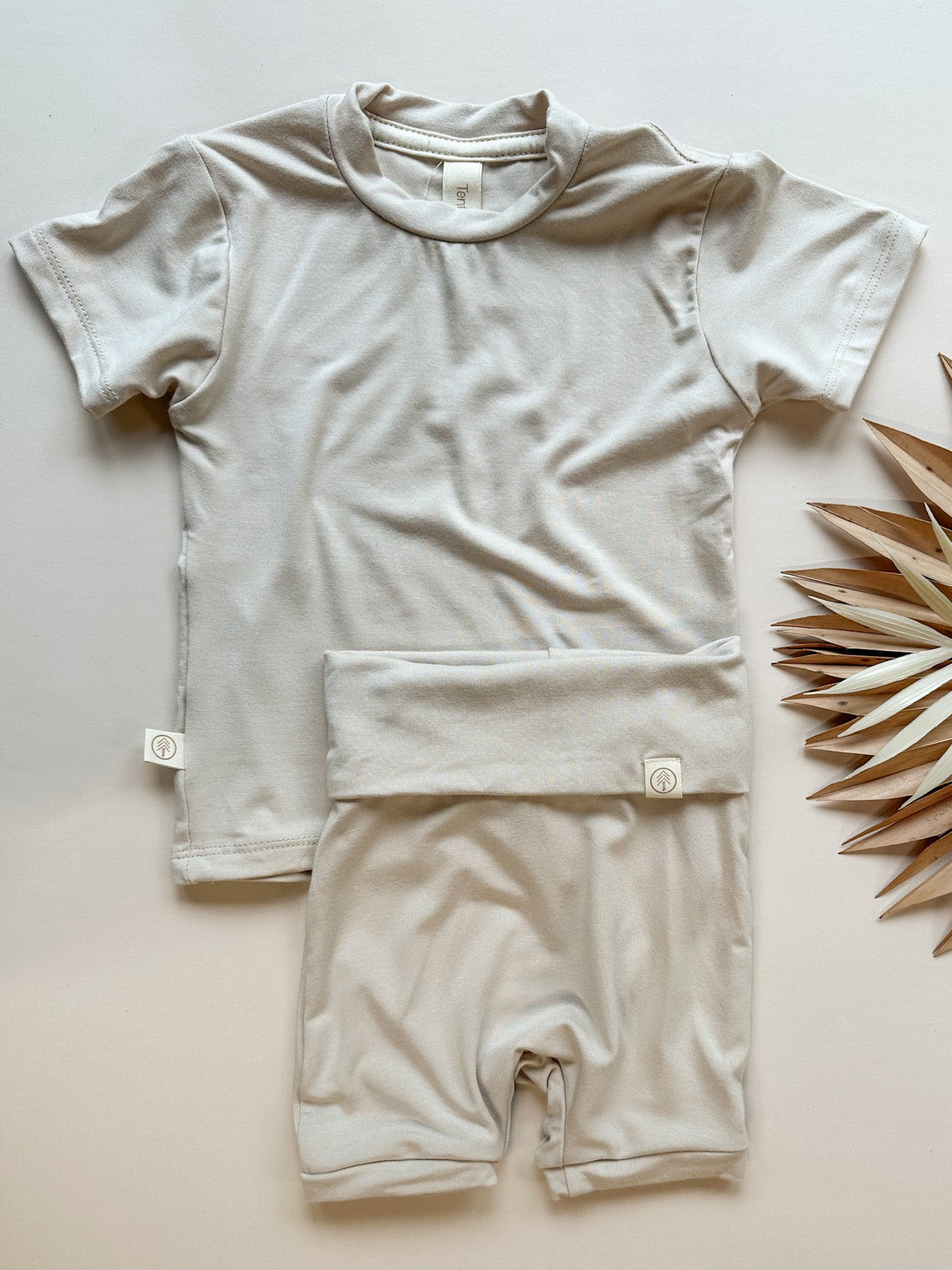 Fold Over Shorties and Short Sleeve Tee Set | Sand | Luxury Bamboo - Tenth &amp; Pine - BAMBOO OUTFIT