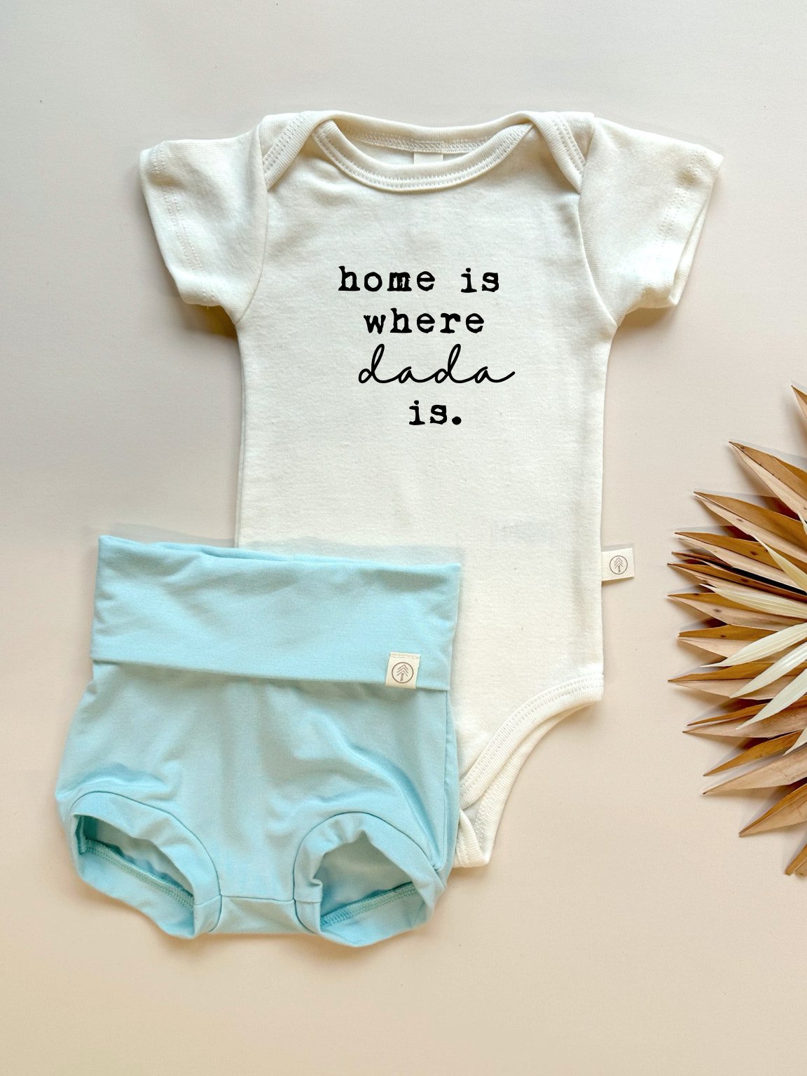 Home is Where Dada is | Bamboo Fold Over Bloomers and Organic Cotton Bodysuit Set | Caribbean Blue - Tenth &amp; Pine - Bloomers + Bodysuit Set