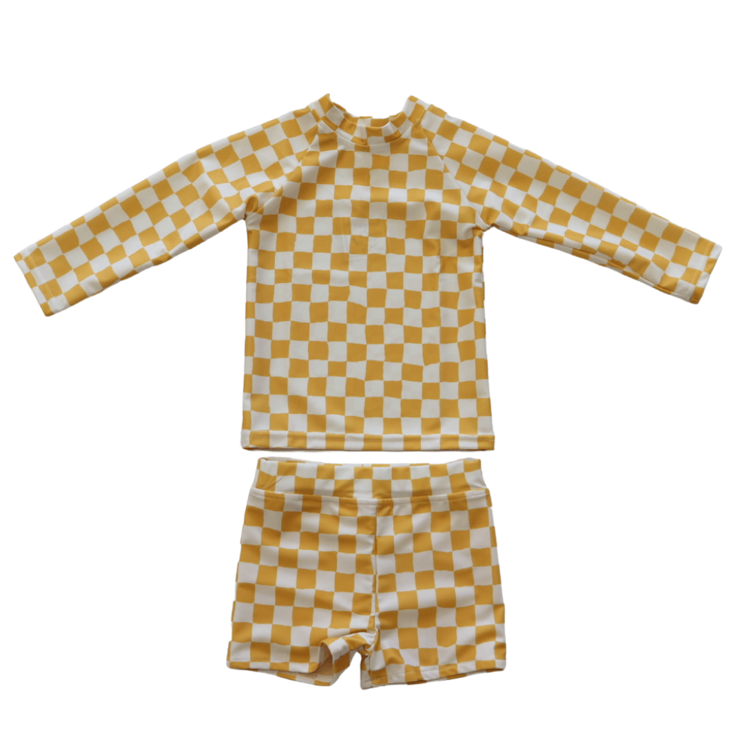 Kids Yellow Check Swim Trunks - Tenth & Pine - Swim Shorts - 3M