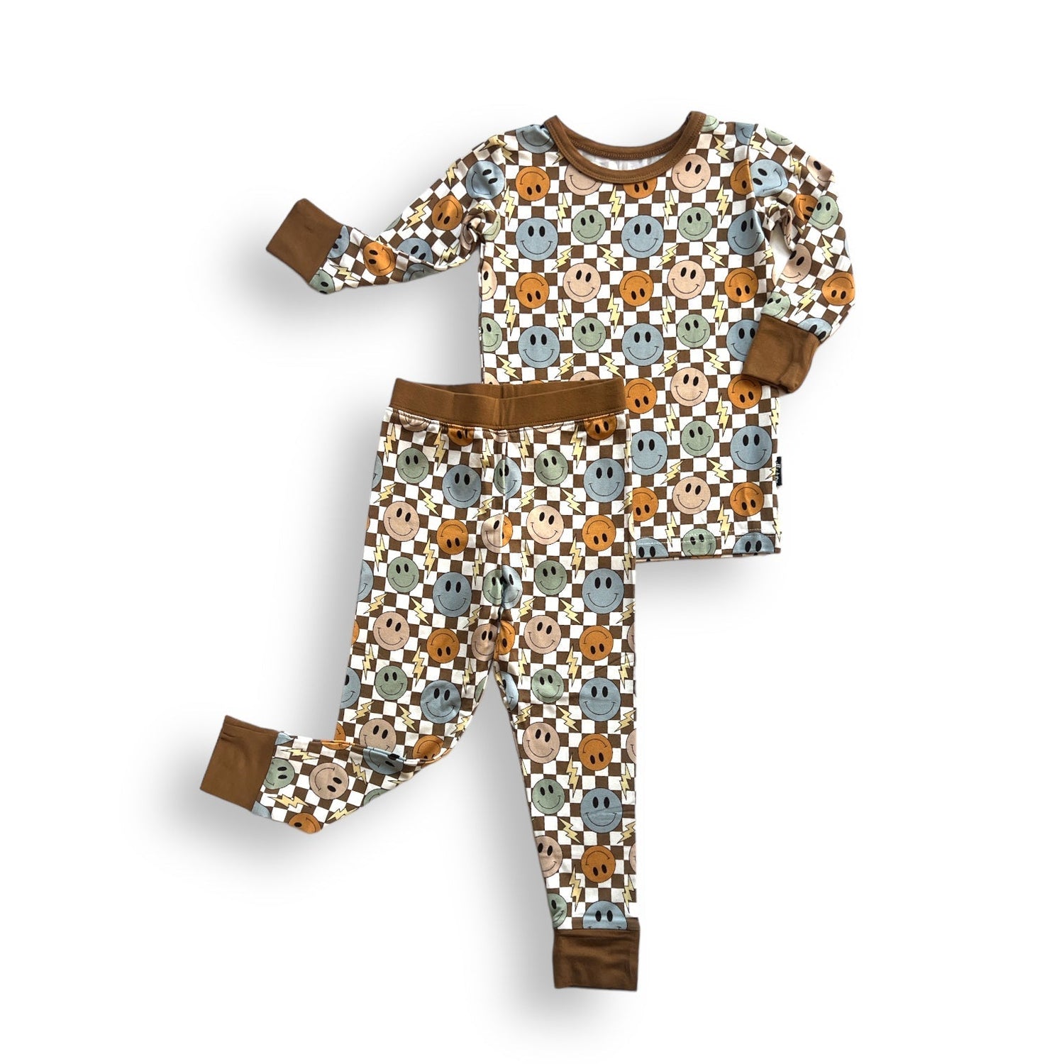 LONG SLEEVE 2 PIECE SETS - Beige Happy Smiles - Tenth &amp; Pine - Bamboo 2 Piece PJ - 12/18m