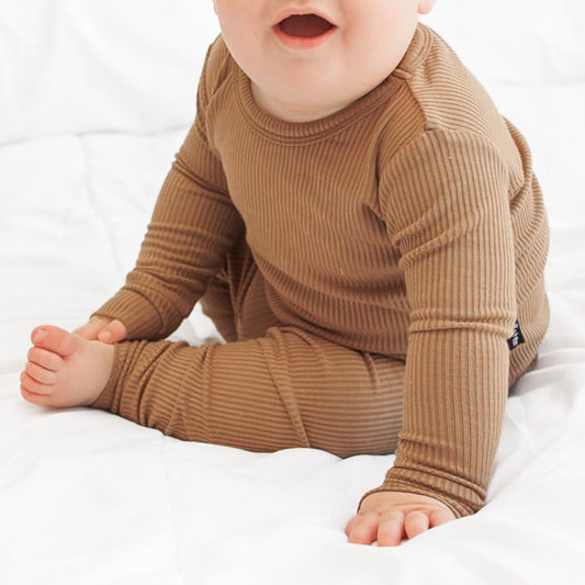 LONG SLEEVE 2 PIECE SETS - Mocha Ribbed - Tenth & Pine - Bamboo 2 Piece PJ - RIB - 12/18m